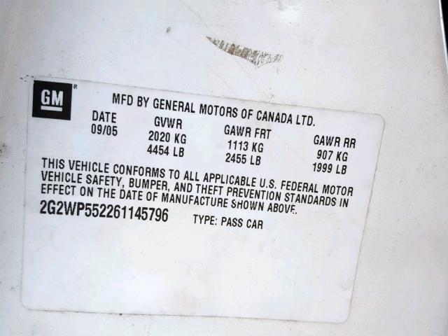 2G2WP552261145796 - 2006 PONTIAC GRAND PRIX WHITE photo 10