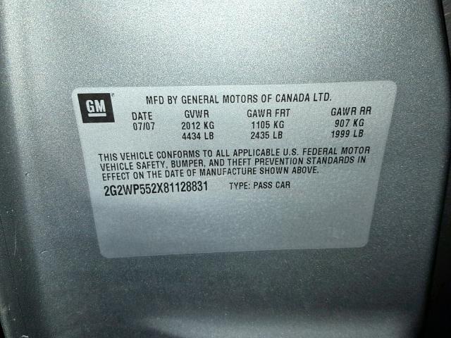 2G2WP552X81128831 - 2008 PONTIAC GRAND PRIX GRAY photo 10
