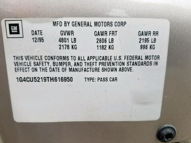 1G4CU5219TH616950 - 1996 BUICK PARK AVENU GOLD photo 10