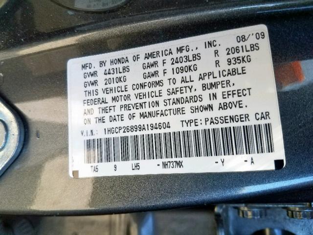 1HGCP26899A194604 - 2009 HONDA ACCORD EXL GRAY photo 10