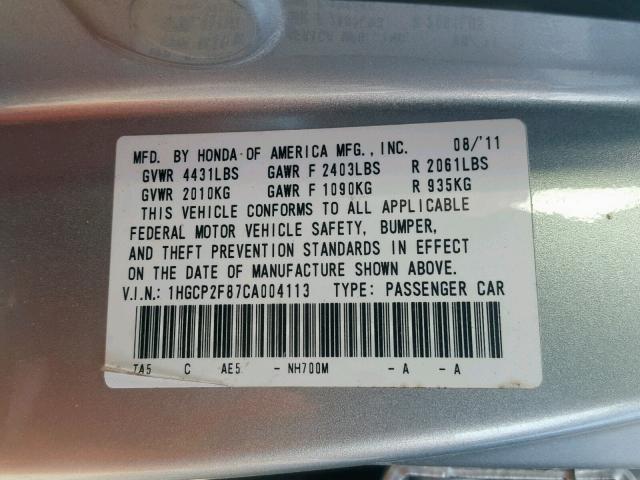 1HGCP2F87CA004113 - 2012 HONDA ACCORD EXL SILVER photo 10