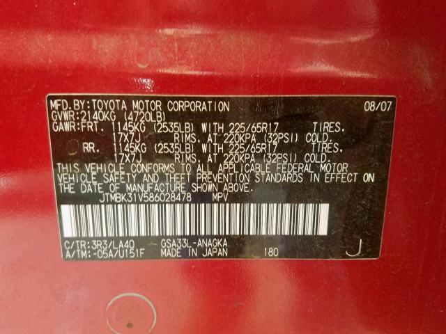 JTMBK31V586028478 - 2008 TOYOTA RAV4 LIMIT RED photo 10