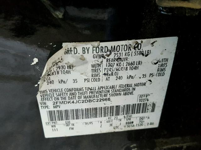 2FMDK4JC2DBC22986 - 2013 FORD EDGE SEL BLACK photo 10