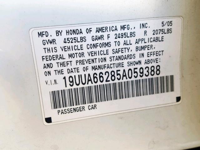 19UUA66285A059388 - 2005 ACURA TL WHITE photo 10