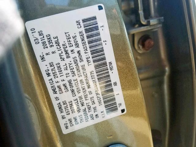 1HGCP3F84AA017775 - 2010 HONDA ACCORD EXL GOLD photo 10