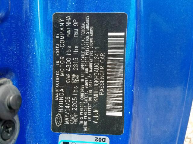 KMHHU6KH3AU013411 - 2010 HYUNDAI GENESIS CO BLUE photo 10