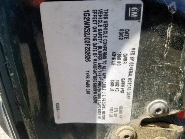 1G2WK52J02F232626 - 2002 PONTIAC GRAND PRIX BLACK photo 10