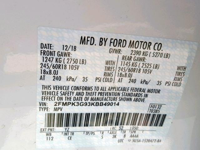 2FMPK3G93KBB49014 - 2019 FORD EDGE SE WHITE photo 10