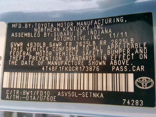 4T4BF1FK0CR173876 - 2012 TOYOTA CAMRY BASE BLUE photo 10