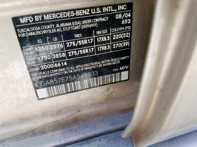 4JGAB57E75A549933 - 2005 MERCEDES-BENZ ML 350 GOLD photo 10