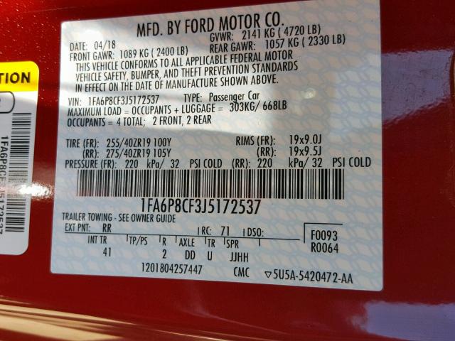 1FA6P8CF3J5172537 - 2018 FORD MUSTANG GT RED photo 10