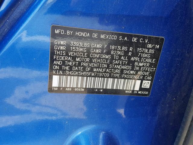 3HGGK5H55FM719709 - 2015 HONDA FIT LX BLUE photo 10