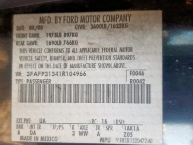 3FAFP31341R104966 - 2001 FORD FOCUS ZX3 BLACK photo 10