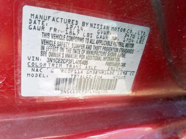 3N1CE2CP3FL406405 - 2015 NISSAN VERSA NOTE RED photo 10