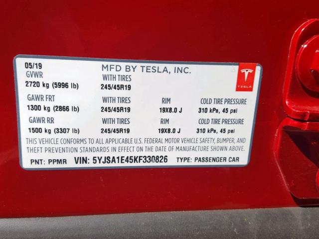 5YJSA1E45KF330826 - 2019 TESLA MODEL S Qırmızı foto 10
