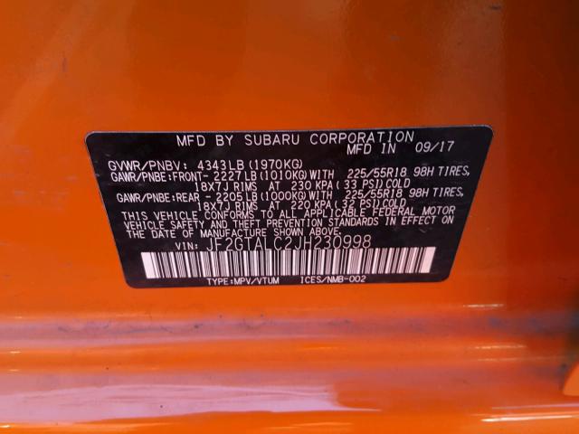 JF2GTALC2JH230998 - 2018 SUBARU CROSSTREK ORANGE photo 10