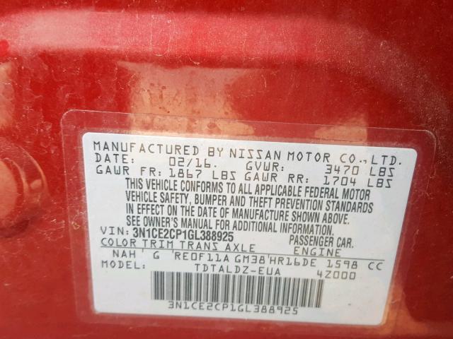 3N1CE2CP1GL388925 - 2016 NISSAN VERSA NOTE RED photo 10