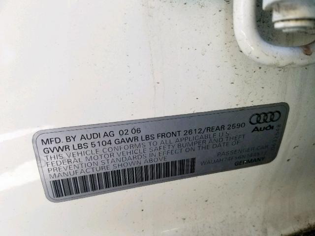 WAUAH74F56N144513 - 2006 AUDI A6 3.2 WHITE photo 10