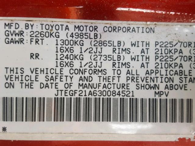 JTEGF21A630084521 - 2003 TOYOTA HIGHLANDER RED photo 10