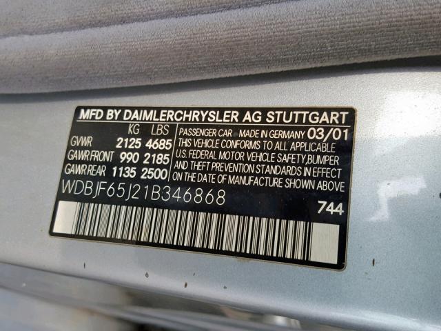 WDBJF65J21B346868 - 2001 MERCEDES-BENZ E 320 SILVER photo 10