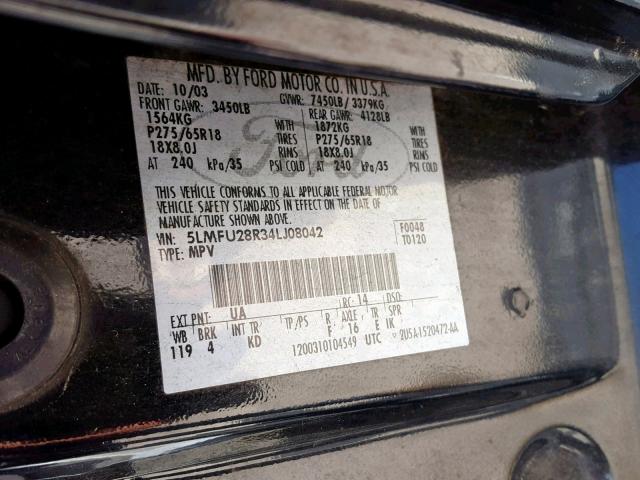 5LMFU28R34LJ08042 - 2004 LINCOLN NAVIGATOR შავი ფოტო 10