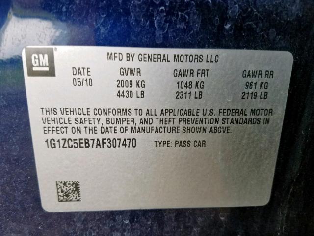 1G1ZC5EB7AF307470 - 2010 CHEVROLET MALIBU 1LT 蓝色 照片 10