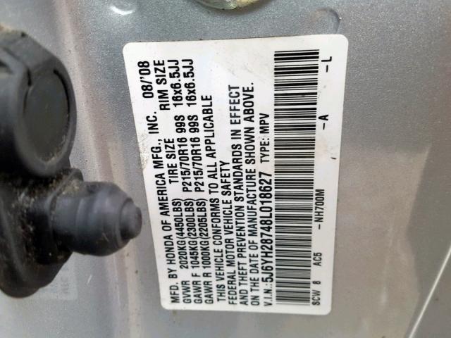 5J6YH28748L018627 - 2008 HONDA ELEMENT EX SILVER photo 10