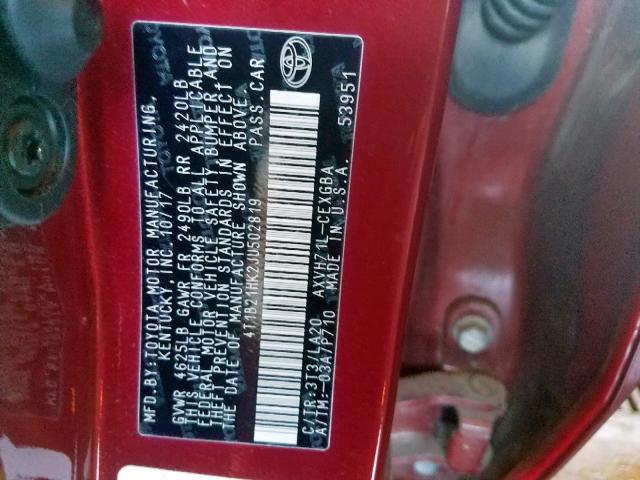 4T1B21HK2JU502819 - 2018 TOYOTA CAMRY HYBR RED photo 10