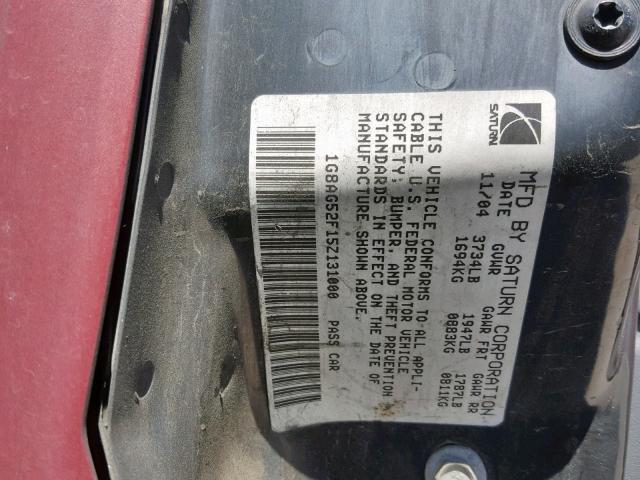 1G8AG52F15Z131000 - 2005 SATURN ION LEVEL RED photo 10