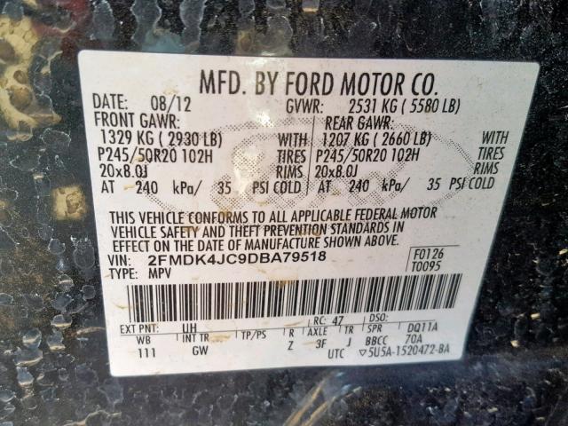 2FMDK4JC9DBA79518 - 2013 FORD EDGE SEL BLACK photo 10