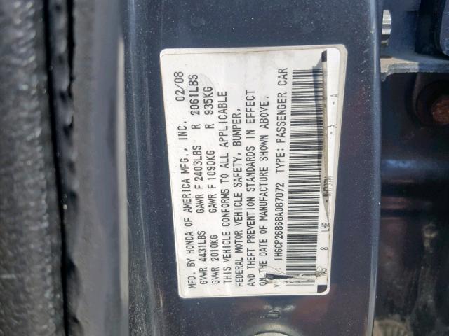 1HGCP26868A087072 - 2008 HONDA ACCORD EXL GRAY photo 10