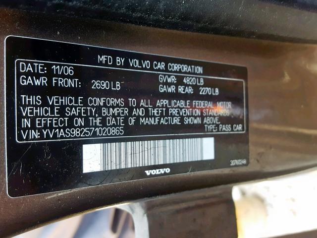 YV1AS982571020865 - 2007 VOLVO S80 3.2 GRAY photo 10