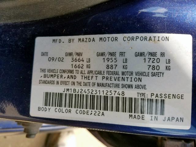 JM1BJ245231125748 - 2003 MAZDA PROTEGE PR BLUE photo 10