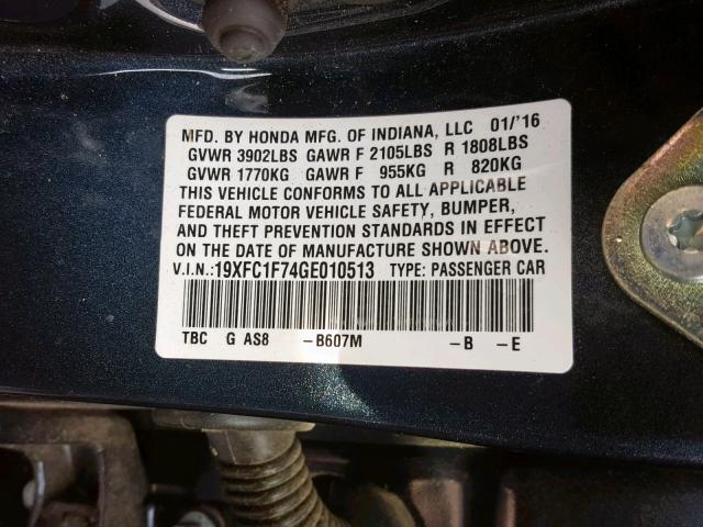 19XFC1F74GE010513 - 2016 HONDA CIVIC EXL 蓝色 照片 10