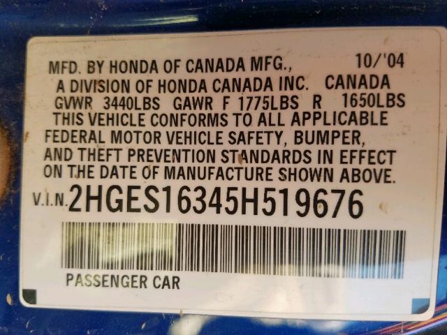 2HGES16345H519676 - 2005 HONDA CIVIC DX V BLUE photo 10