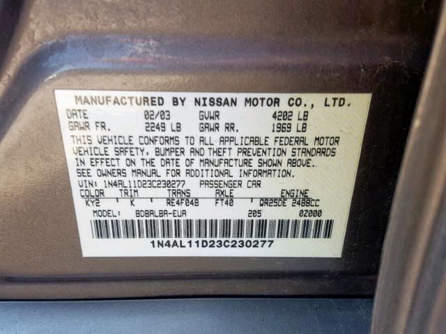 1N4AL11D23C230277 - 2003 NISSAN ALTIMA GRAY photo 10