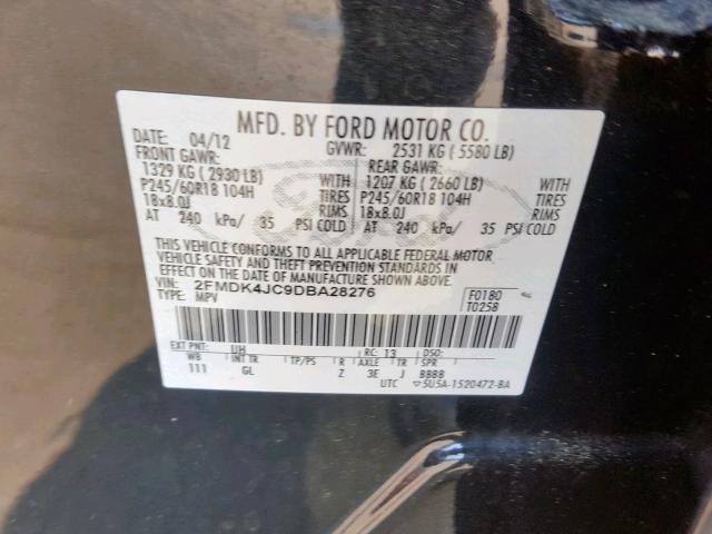 2FMDK4JC9DBA28276 - 2013 FORD EDGE SEL BLACK photo 10