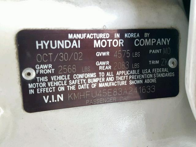 KMHFU45E83A241633 - 2003 HYUNDAI XG 350 WHITE photo 10