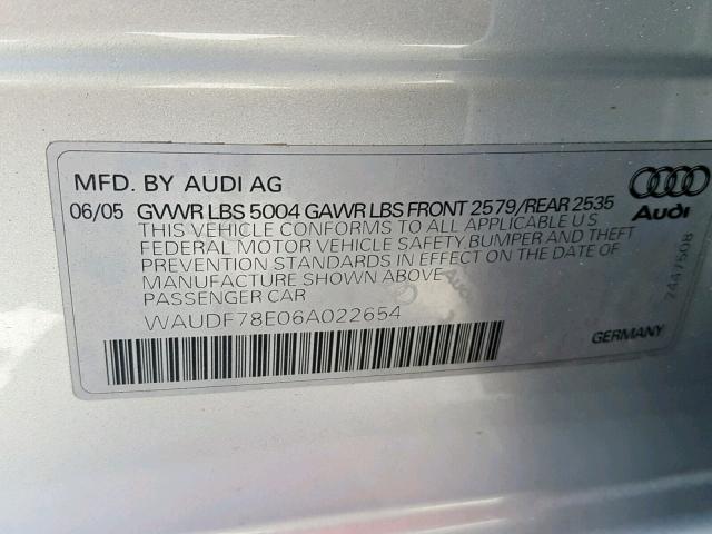 WAUDF78E06A022654 - 2006 AUDI A4 2.0T QU SILVER photo 10