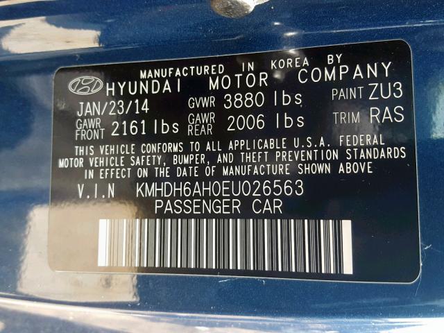 KMHDH6AH0EU026563 - 2014 HYUNDAI ELANTRA CO BLUE photo 10