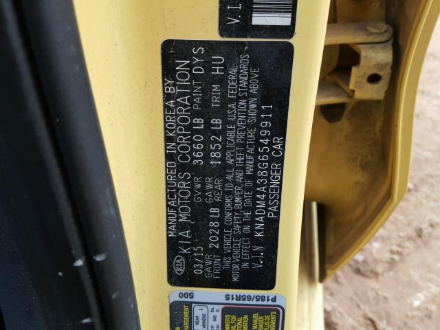 KNADM4A38G6549911 - 2016 KIA RIO LX YELLOW photo 10