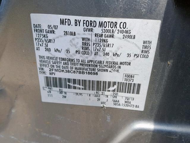 2FMDK38C87BB18698 - 2007 FORD EDGE SEL SILVER photo 10