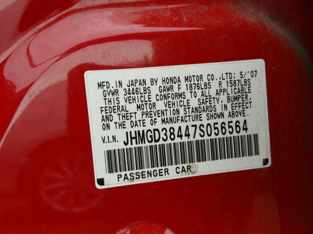 JHMGD38447S056564 - 2007 HONDA FIT RED photo 10