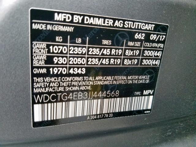 WDCTG4EB3JJ444568 - 2018 MERCEDES-BENZ GLA 250 GRAY photo 10