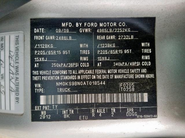 NM0KS9BN0AT018544 - 2010 FORD TRANSIT CO SILVER photo 10