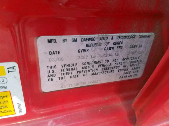 KL1TD66638B244653 - 2008 CHEVROLET AVEO BASE Қызыл фото 10