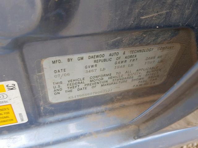 KL1TD56607B063101 - 2007 CHEVROLET AVEO BASE ლურჯი ფოტო 10