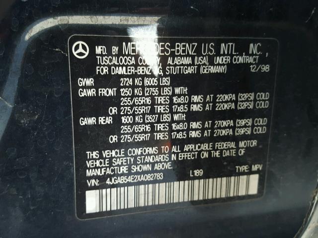 4JGAB54E2XA082783 - 1999 MERCEDES-BENZ ML 320 BLUE photo 10