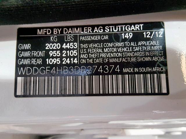 WDDGF4HB3DR274374 - 2013 MERCEDES-BENZ C 250 WHITE photo 10