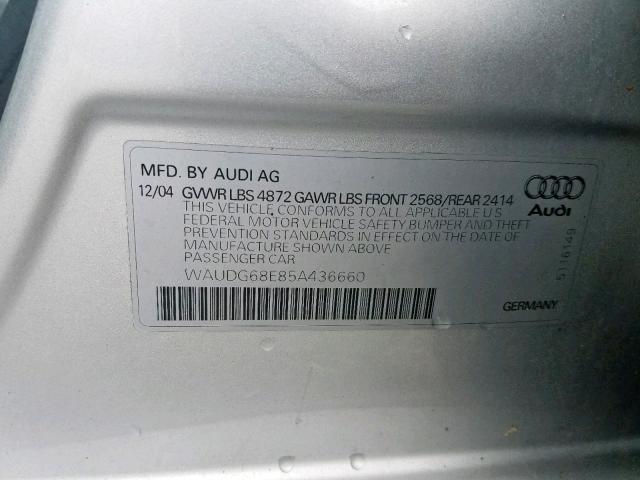 WAUDG68E85A436660 - 2005 AUDI A4 3.2 QUA SILVER photo 10